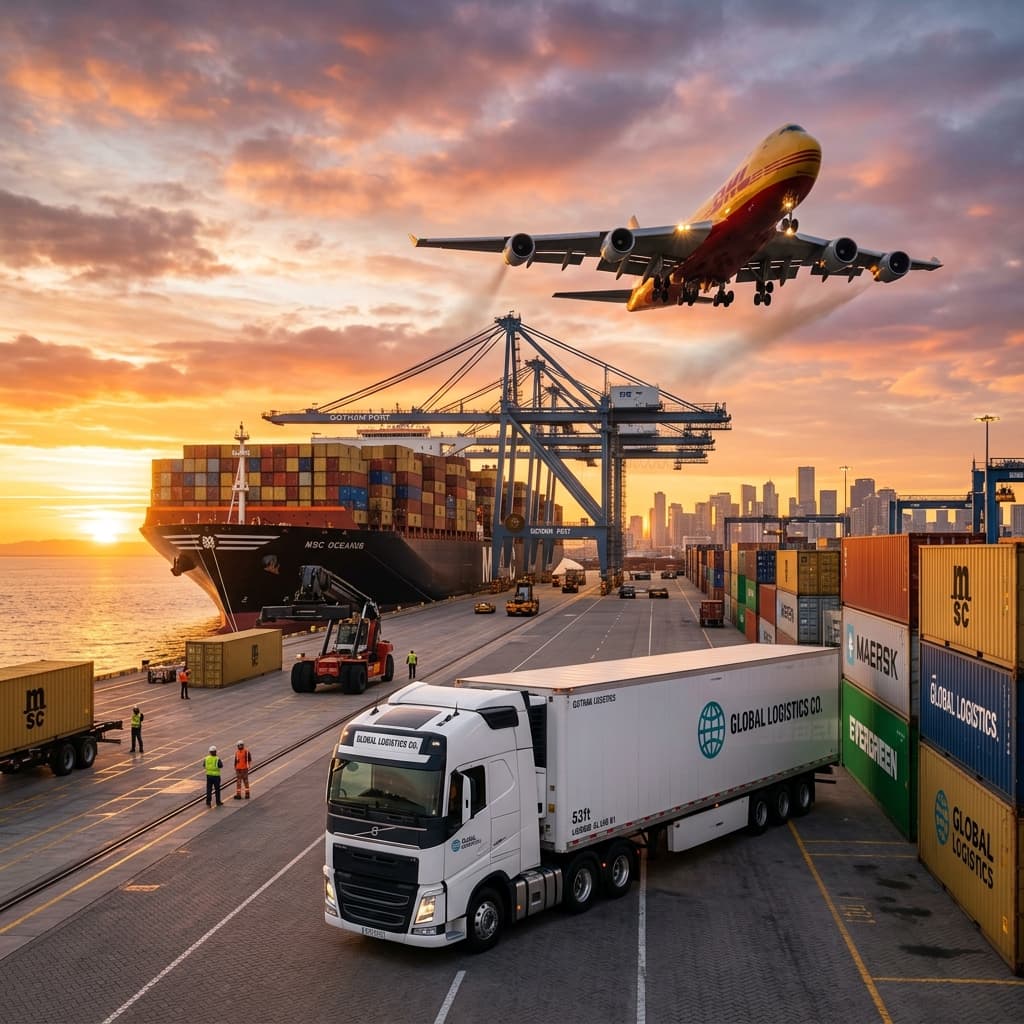 Global Logistics Cargo Ship, Container, Truck and Plane